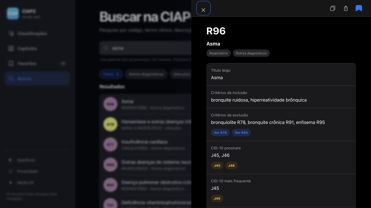 Detalhes do código de asma na versão web do CIAP2 em modo escuro