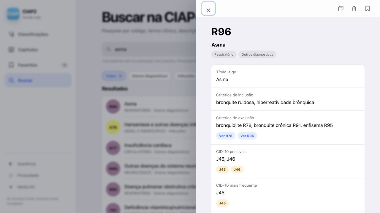 Detalhes do código de asma na versão web do CIAP2 em modo claro