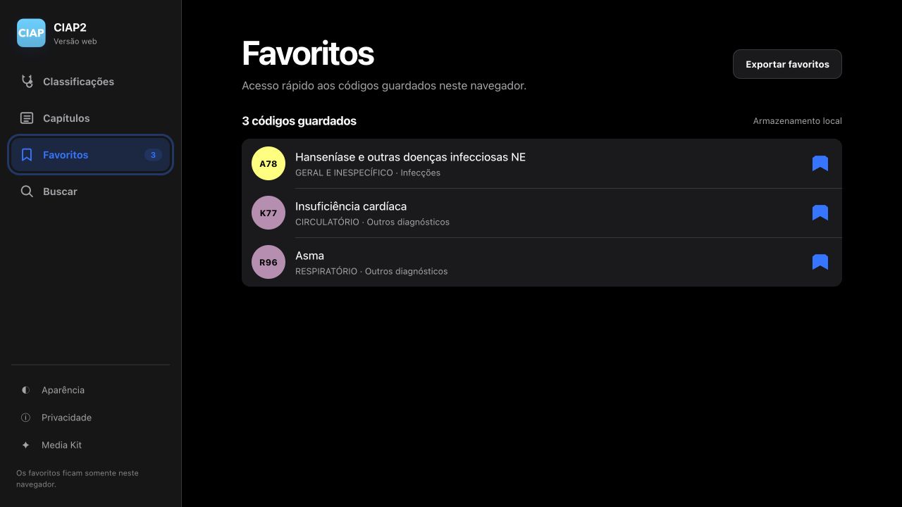 Favoritos da versão web do CIAP2 em modo escuro