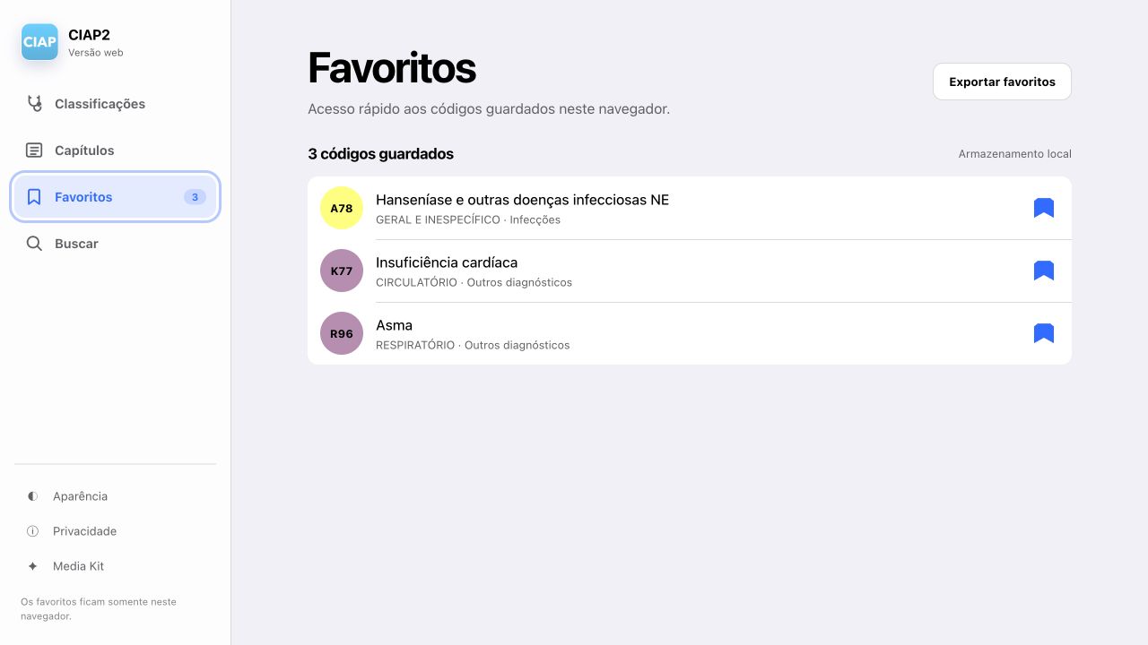 Favoritos da versão web do CIAP2 em modo claro