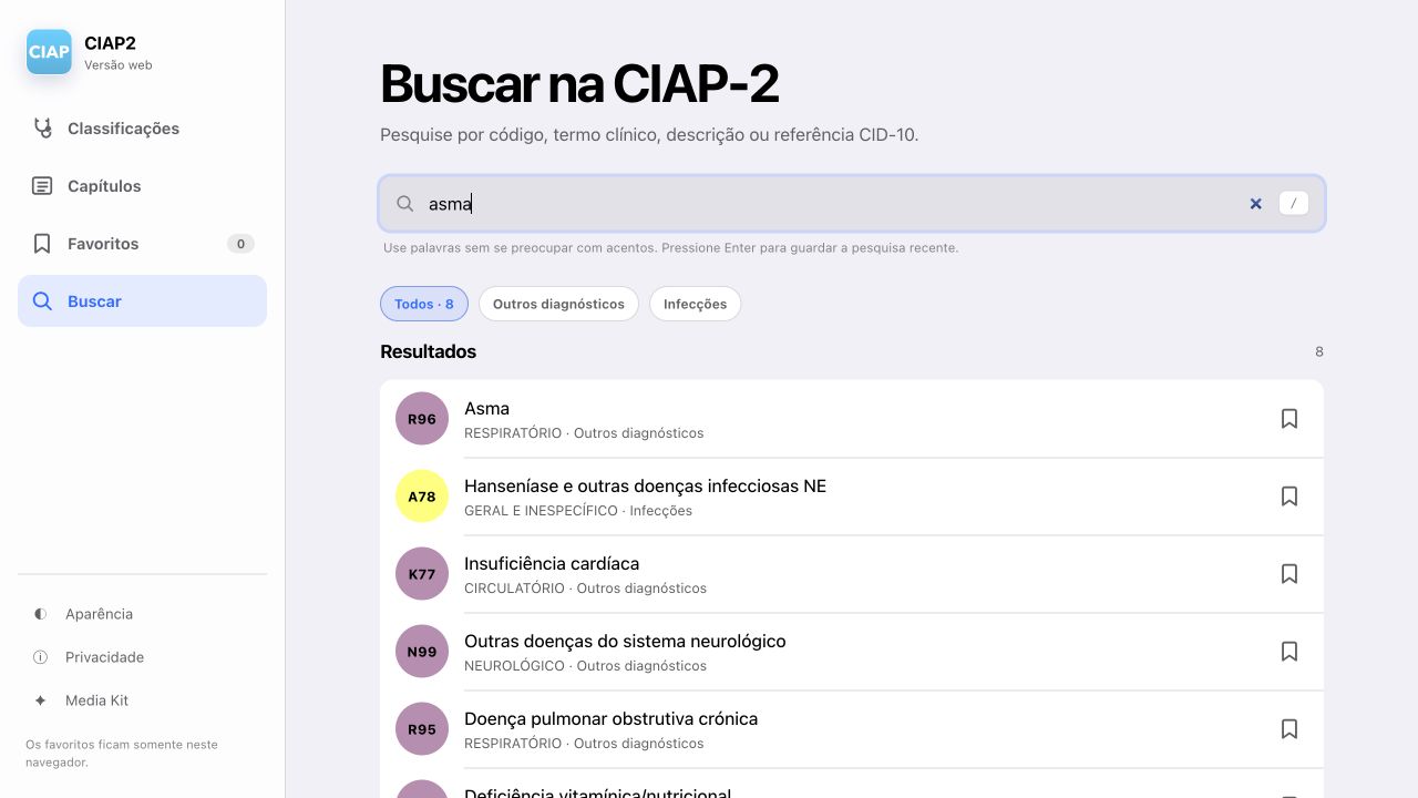 Busca por asma na versão web do CIAP2 em modo claro